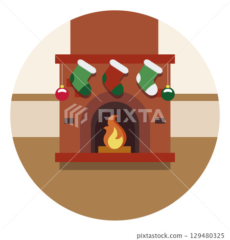 Fireplace with hanging stockings. Vector 129480325