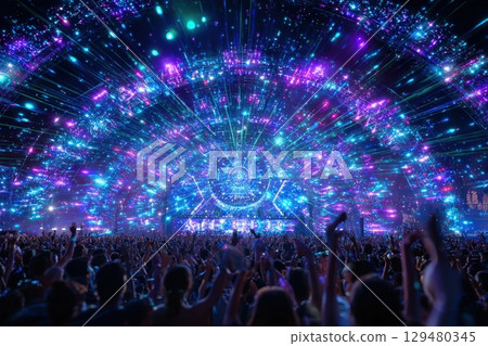 A large crowd enjoys a dynamic electronic music festival featuring spectacular light displays. Colorful beams and patterns illuminate the night sky, creating an electrifying atmosphere. 129480345