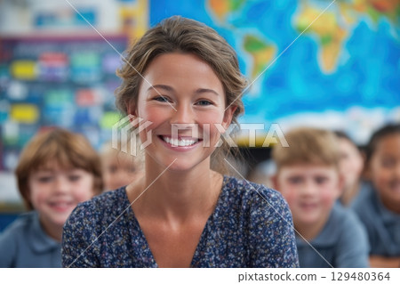 A joyful teacher sits at the front of a vibrant classroom. Behind her, a group of happy students eagerly participate in the lesson. The colorful world map adds context to the educational environment. 129480364