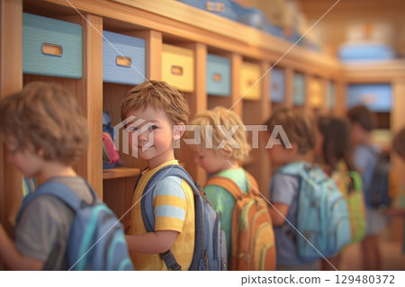 A group of young children, wearing colorful backpacks, are busy sorting their belongings in wooden cubbies. The cheerful environment suggests an active school day filled with learning. 129480372
