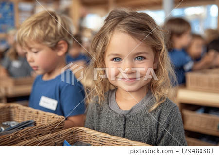 Children participate in a classroom activity, with one girl smiling brightly at the forefront. They are surrounded by baskets filled with materials, showcasing a joyful learning environment. Children participate in a classroom activity, with one girl smiling brightly at the forefront. They are surrounded by baskets filled with materials, showcasing a joyful learning environment. 129480381