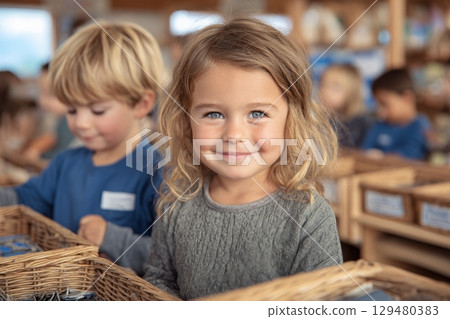 A young child with curly hair and bright blue eyes smiles while participating in a classroom activity. Nearby, other children are engaged in similar tasks, fostering a joyful learning atmosphere. A young child with curly hair and bright blue eyes smiles while participating in a classroom activity. Nearby, other children are engaged in similar tasks, fostering a joyful learning atmosphere. 129480383