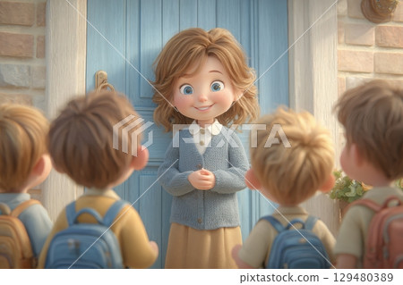 Four excited children with backpacks stand in front of a teacher at a school entrance. The setting is bright and cheerful, creating a welcoming atmosphere for a new school day. 129480389