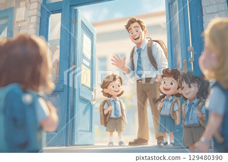 A cheerful teacher stands at the school entrance, greeting excited children who are dressed in school uniforms. The scene captures a sunny day, filled with joy and anticipation for learning. 129480390