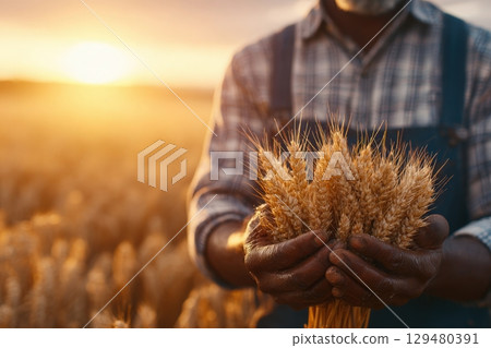 A farmer stands in a vast golden field, holding a bundle of freshly harvested wheat. The sunset casts a warm glow across the landscape, highlighting the beauty of agriculture and nature. 129480391
