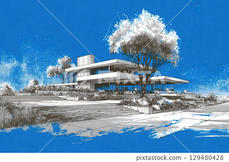 This artwork depicts a contemporary building with clean lines and spacious terraces, surrounded by lush landscaping. Bright blue sky enhances the striking modern architecture and invites admiration. 129480428