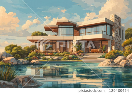 This modern house features large glass windows and a stylish blend of wood and stone. It sits near a tranquil lake surrounded by lush greenery and rocks, reflecting the vibrant sky. 129480454