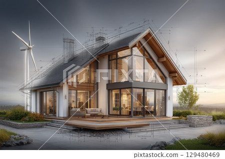 This modern house features large glass windows and a stylish wooden deck. A wind turbine stands nearby, showcasing sustainable energy solutions against a twilight sky. 129480469