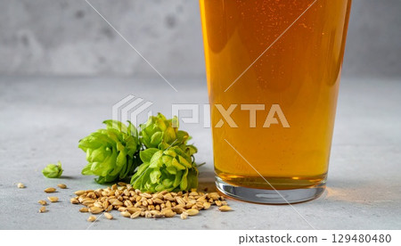 Close-up of a pint glass of IPA next to hops and malts Close-up of a pint glass of IPA next to hops and malts 129480480