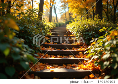 Stone steps in autumn forest. Stone steps in autumn forest. 129480503