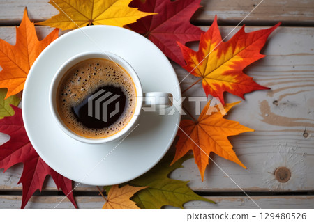 Cup of coffee on a saucer surrounded by autumn leaves. 129480526