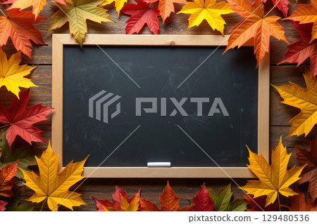 Blank chalkboard surrounded by autumn leaves. Blank chalkboard surrounded by autumn leaves. 129480536