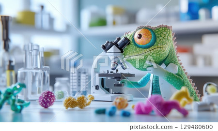 Chameleon in a lab coat adjusting microscope lenses near glowing bacteria samples in a scientific setting 129480600