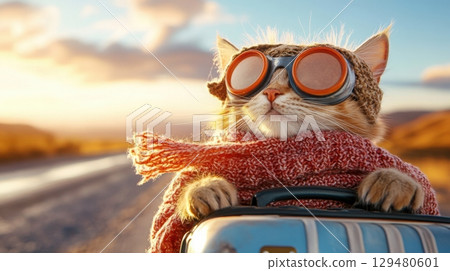 A cat with travel goggles and a scarf rides a suitcase on a golden road at sunset 129480601