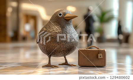 A cheerful bronze kiwi bird sculpture with smooth enamel in a high-ceilinged hallway setting 129480602