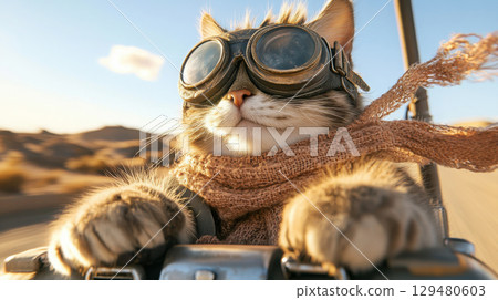 A cat with travel goggles and a scarf rides a wheeled suitcase under a sunset sky 129480603