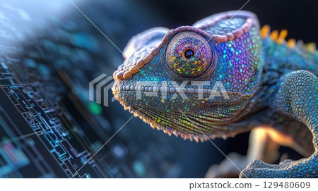 Chameleon robot showcasing dynamic RGB colors opposite a transparent screen displaying neural networks 129480609