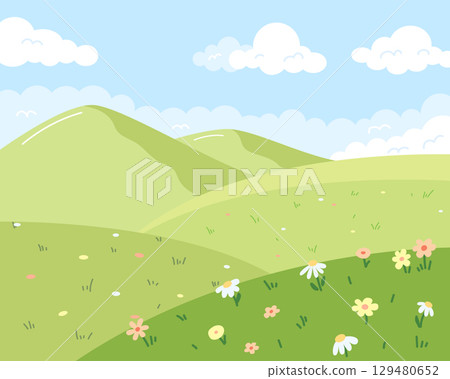Cute cartoon landscape with green hills, blue sky, fluffy clouds, and blooming flowers. Perfect for kids, spring themes, and nature scenes. 129480652