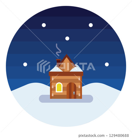 Cabin with chimney in snowfall. Vector 129480688