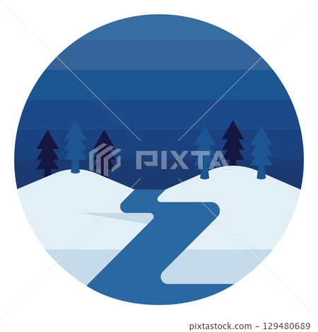 Snowy hills with frozen river. Vector 129480689