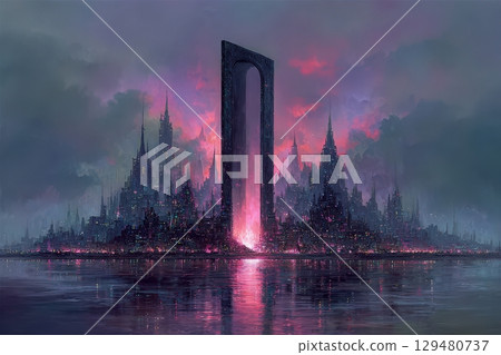 A towering black portal stands tall amidst a sprawling dark city, illuminated by vibrant pink and purple hues during twilight. The landscape reflects in the calm water, creating an eerie atmosphere. 129480737