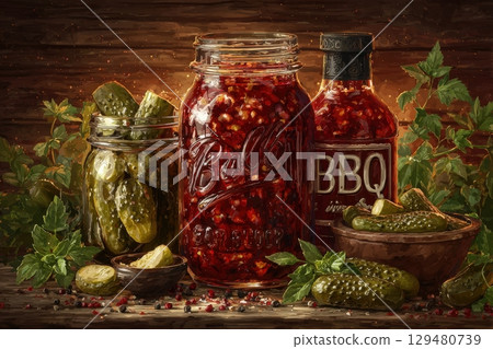 Jars filled with pickles and a spicy red sauce sit on a rustic wooden table. Fresh herbs surround the jars, enhancing the vibrant colors and flavors of this delightful arrangement. 129480739