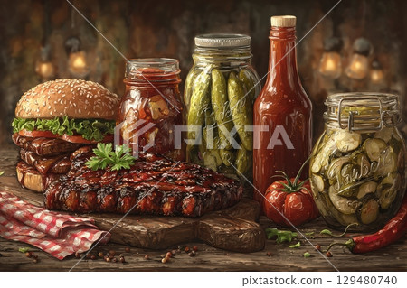 A vibrant display of a barbecue feast featuring smoky ribs, a juicy burger with lettuce, and jars of pickles. Condiments and fresh tomatoes complete the appetizing setup on a rustic wooden table. 129480740