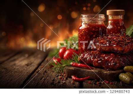 A barbecue platter features grilled meat coated in rich sauce, alongside jars of spicy sauce and fresh vegetables. The ambiance is warm, reminiscent of summer gatherings around a fire. A barbecue platter features grilled meat coated in rich sauce, alongside jars of spicy sauce and fresh vegetables. The ambiance is warm, reminiscent of summer gatherings around a fire. 129480743