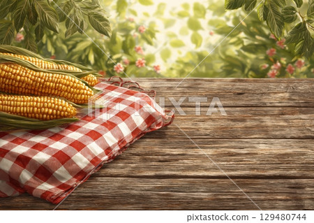 Fresh corn is arranged on a red and white checked cloth atop a wooden table. A blurred background of greenery and flowers enhances the natural setting, suggesting a warm, outdoor atmosphere. Fresh corn is arranged on a red and white checked cloth atop a wooden table. A blurred background of greenery and flowers enhances the natural setting, suggesting a warm, outdoor atmosphere. 129480744