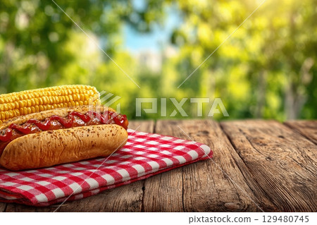 A wooden table displays classic hot dogs topped with ketchup beside fresh corn on the cob. The background features vibrant greenery and a warm, bright atmosphere, perfect for outdoor gatherings. 129480745