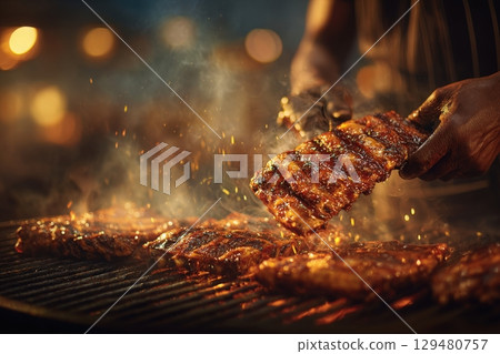 A person skillfully flips succulent barbecue ribs on a grill, surrounded by glowing embers and smoke. The warm light creates a vibrant, inviting atmosphere perfect for summer gatherings. A person skillfully flips succulent barbecue ribs on a grill, surrounded by glowing embers and smoke. The warm light creates a vibrant, inviting atmosphere perfect for summer gatherings. 129480757
