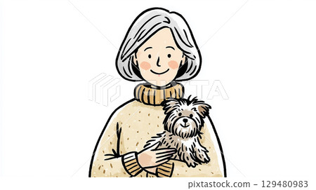 An illustration of a kind-smiling senior woman wearing a sweater lovingly holding her beloved Yorkie dog 129480983