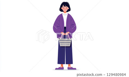 Full-body illustration of a young woman with bob hair standing in front of the camera holding a supermarket shopping basket in both hands 129480984