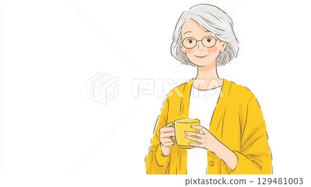 一幅水彩畫，畫中一位戴著眼鏡、身穿黃色羊毛衫的老年婦女，手裡拿著杯子，微笑著 129481003