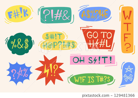 Colorful hand drawn stickers with angry swear words and symbols 129481366