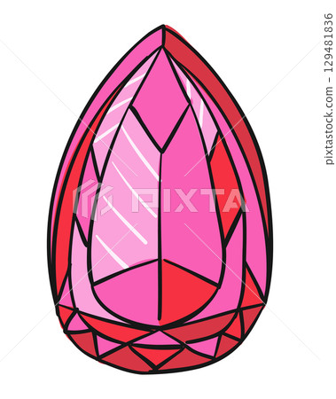 Pink faceted gemstone with a teardrop shape and bold black outlines, isolated on white background Pink faceted gemstone with a teardrop shape and bold black outlines, isolated on white background 129481836