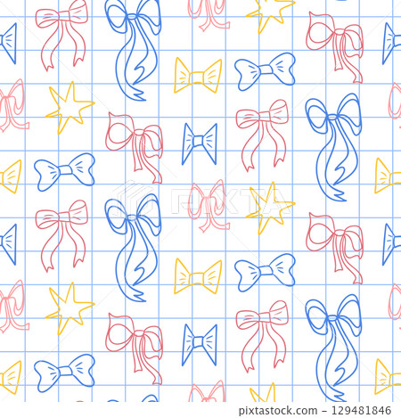 Seamless pattern with colorful bows and stars drawn on a grid paper background 129481846