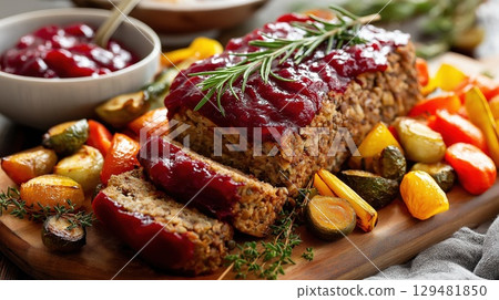 Close-up of vegan lentil and mushroom loaf with tomato glaze, served with roasted vegetables Close-up of vegan lentil and mushroom loaf with tomato glaze, served with roasted vegetables 129481850