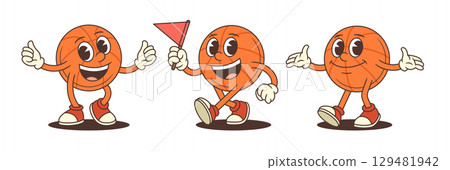 Friendly Energetic Basketball Mascot With Thumbs Up Flag Cheer And Open Arms Vector Illustration 129481942