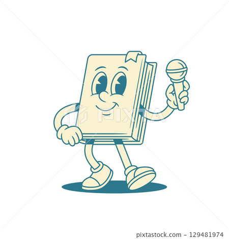 Cute smiling childish book cartoon character with microphone vector illustration Cute smiling childish book cartoon character with microphone vector illustration 129481974