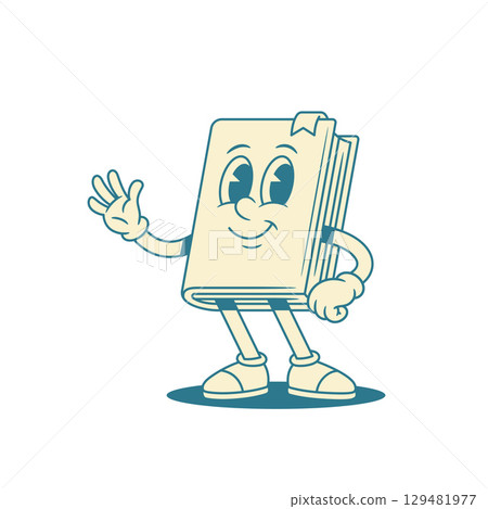 Smiling childish book cartoon character waving hand vector illustration 129481977