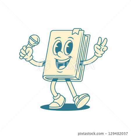 Smiling childish book cartoon character with microphone vector illustration 129482037