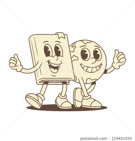 Happy childish book and globe cartoon character friends vector illustration Happy childish book and globe cartoon character friends vector illustration 129482050