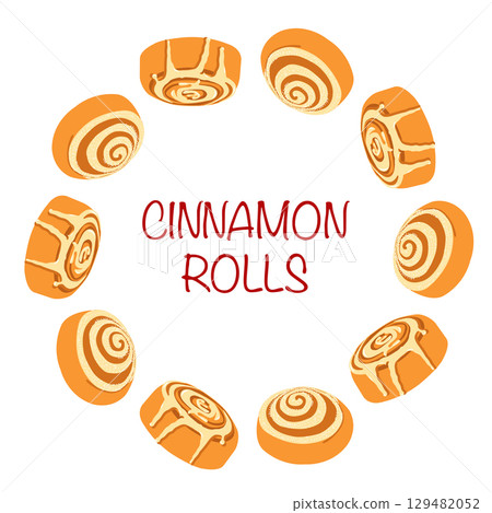 Flat style cinnamon rolls frame with inscription in flat stye. Hand drawn autumn vector illustration for fall themed banners and cards 129482052