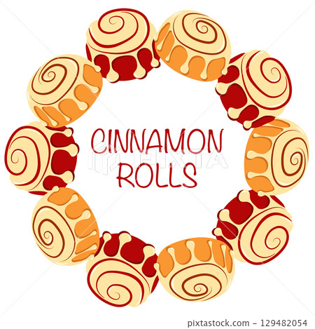 Autumn themed cinnamon rolls frame with text in flat style. Hand drawn vector illustration for banners, posters and social media graphics 129482054