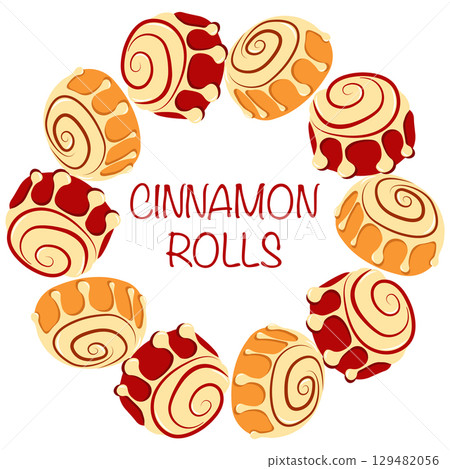 Flat style cinnamon rolls frame with inscription in flat stye. Hand drawn autumn vector illustration for fall themed banners and cards 129482056