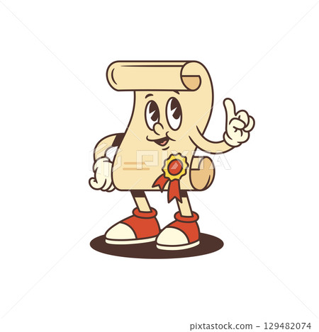 Smiling Scroll Mascot Pointing Up with Ribbon Seal and Sneakers in Retro Cartoon Style Vector Illustration Smiling Scroll Mascot Pointing Up with Ribbon Seal and Sneakers in Retro Cartoon Style Vector Illustration 129482074