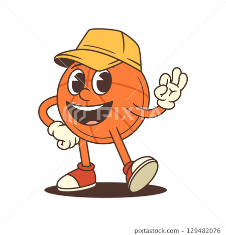 Smiling Basketball Mascot with Cap Showing Ok Sign and Sporty Pose Vector Illustration Smiling Basketball Mascot with Cap Showing Ok Sign and Sporty Pose Vector Illustration 129482076