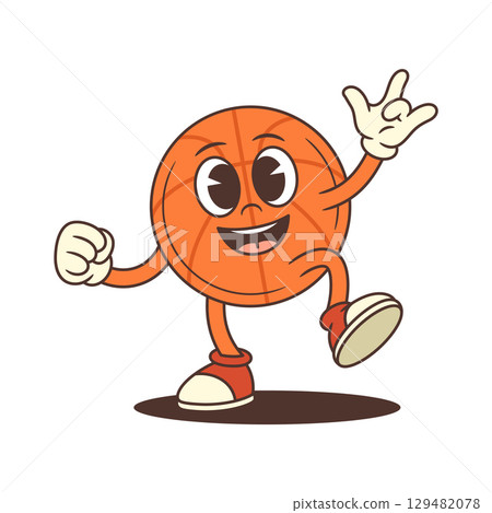 Energetic Basketball Mascot Jumping with Rock On Gesture and Red Sneakers in Retro Cartoon Style Vector Illustration 129482078