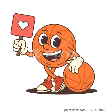 Basketball Mascot Leaning on Ball and Holding Heart Sign in Fun Cartoon Style Vector Illustration 129482082